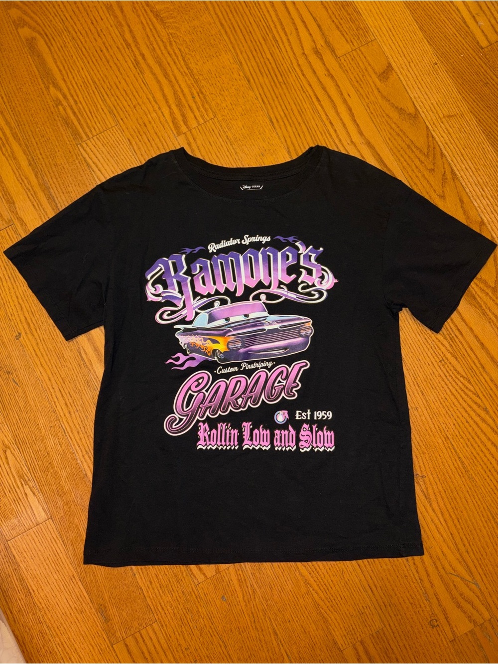Disney Black T‑Shirt with Pink and Purple Garage Car Graphic